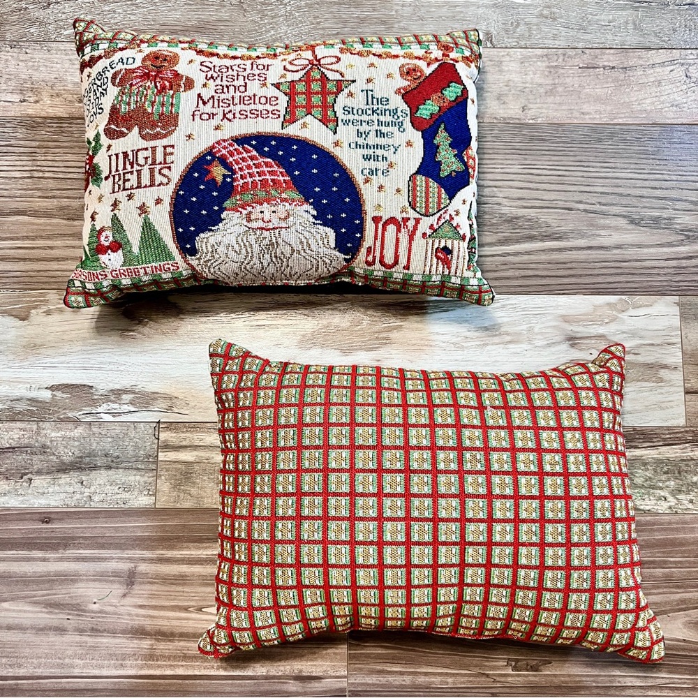 Vtg Christmas Tapestry Decorative Throw Pillows (2)  18x12” Plaid Woven Holiday